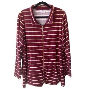 Quacker Factory 2X Velvet Burgundy Gold Stripe Zip Up Cardigan Sweater Game Day